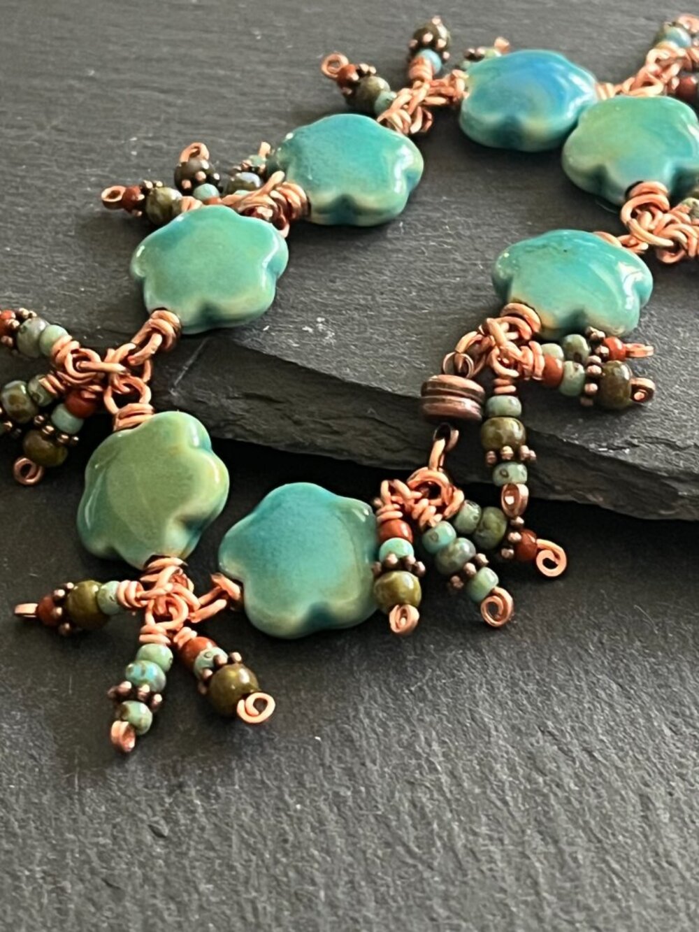 Blue Ceramic Flower Beaded Bracelet | Boho Bracelet | Magnetic Clasp